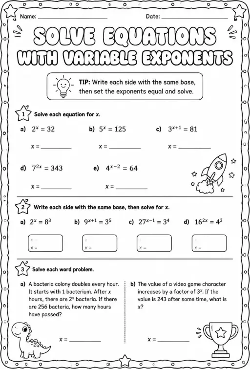 Solve equations with variable exponents