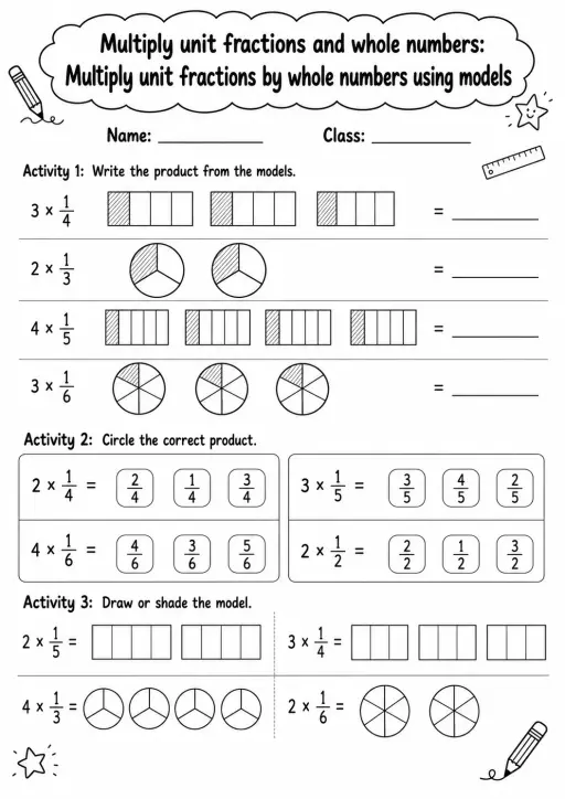 Grade 4 Multiply Unit Fractions And Whole Numbers Math Worksheet Pack