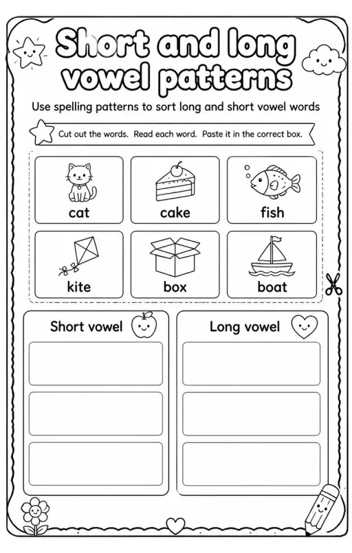 Use spelling patterns to sort long and short vowel words