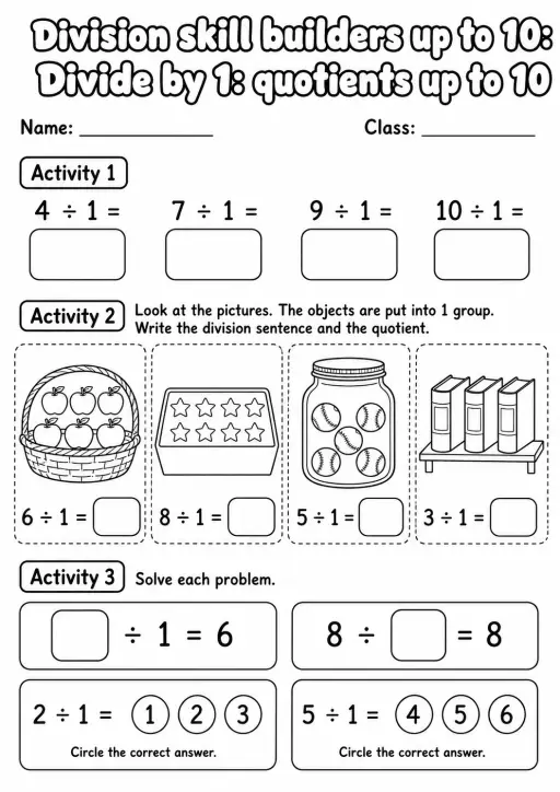 Grade 3 Division Skill Builders Up To 10 Math Worksheet Pack