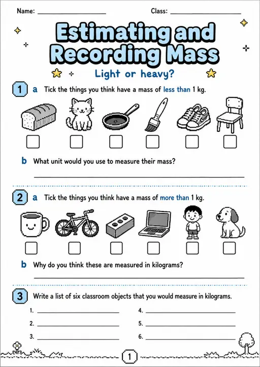 Estimating and Recording Mass - Grade 3 Math Worksheet - WKS-MAT-grade-3-XH-0165-EN