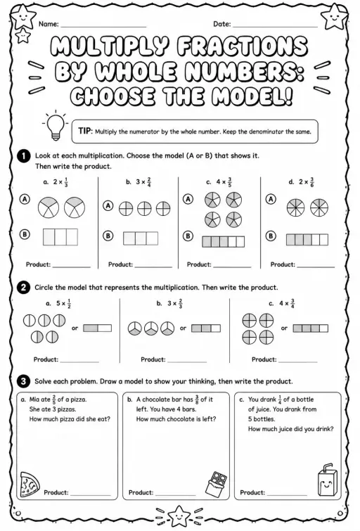 Multiply fractions by whole numbers: choose the model