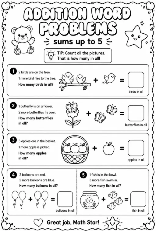 Addition word problems with pictures - sums up to 5