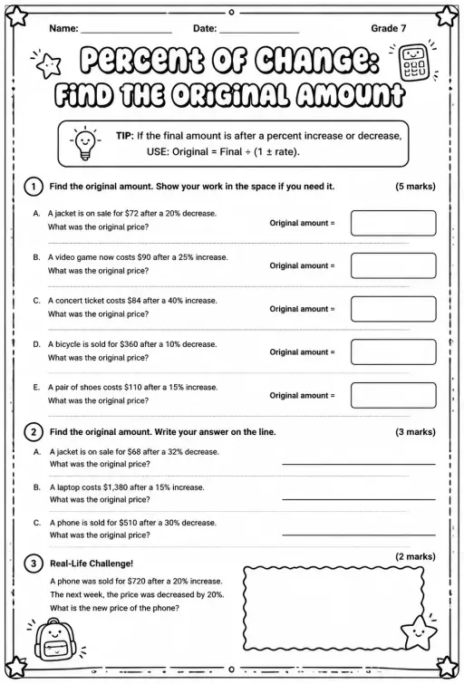Percent of change: find the original amount word problems