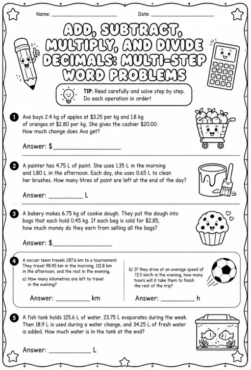 Add, subtract, multiply, and divide decimals: multi-step word problems