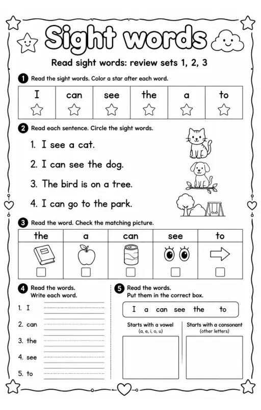 Read sight words: review sets 1, 2, 3