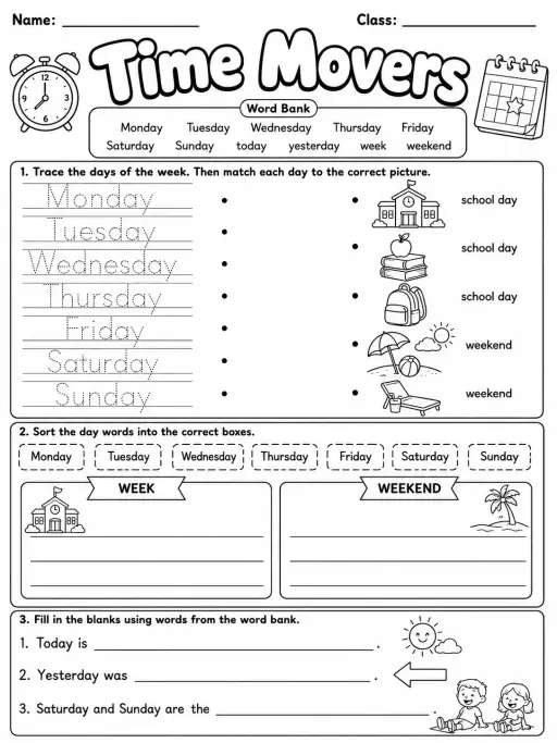 Time Movers Vocabulary Worksheet Pack