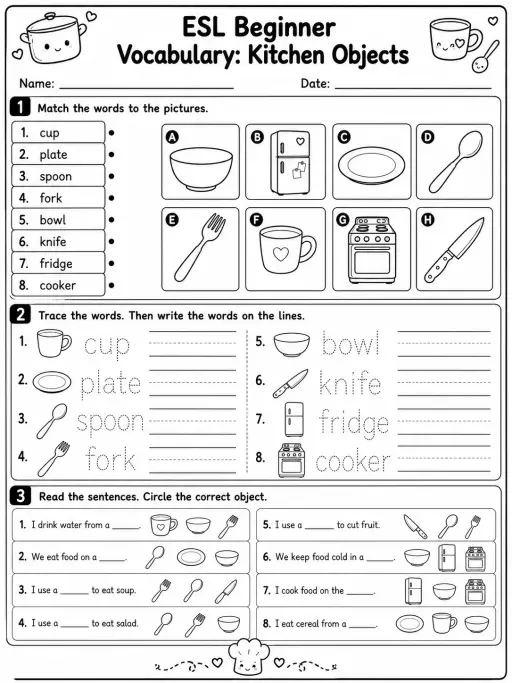 ESL Beginner Vocabulary: Kitchen Objects
