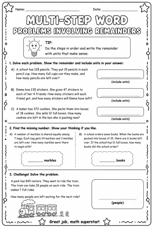 Multi-step word problems involving remainders