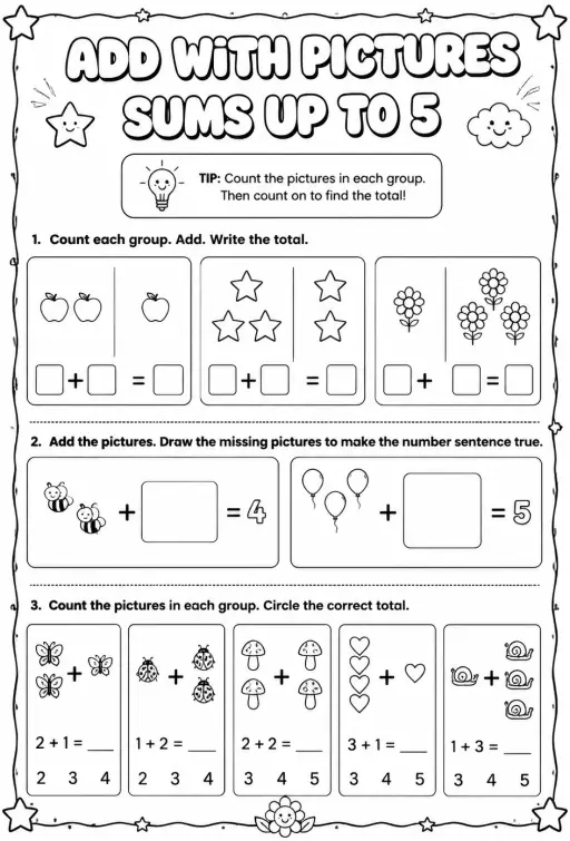 Add with pictures - sums up to 5