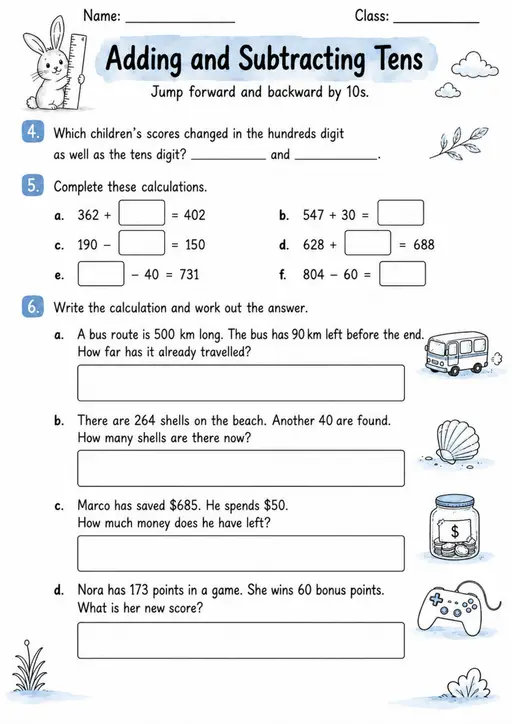 Adding and Subtracting Tens - Grade 3 Math Worksheet - grade 3 Reading, explanation, and short-response questions