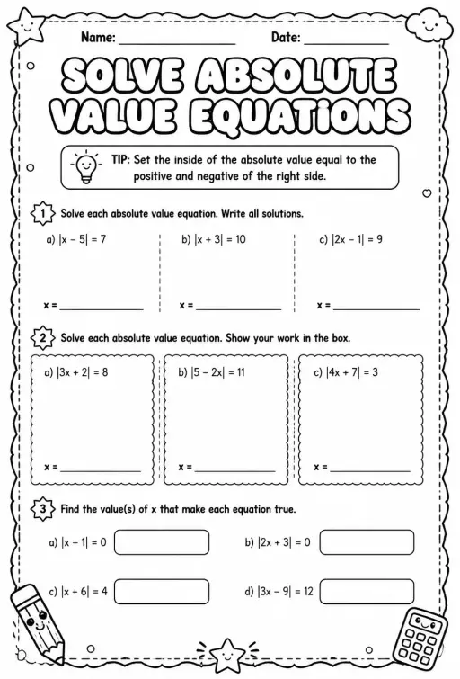 Solve absolute value equations
