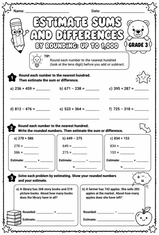 Estimate sums and differences by rounding: up to 1,000