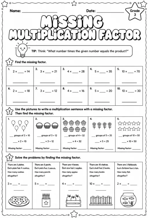 Multiplication facts for 2, 3, 4, 5, and 10: find the missing factor