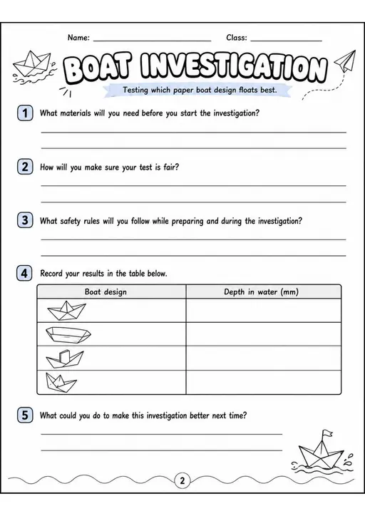 BOAT INVESTIGATION - Grade 3 Science Worksheet