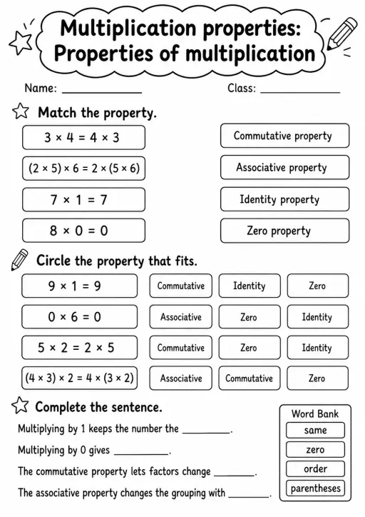 Grade 3 Multiplication Properties Math Worksheet Pack