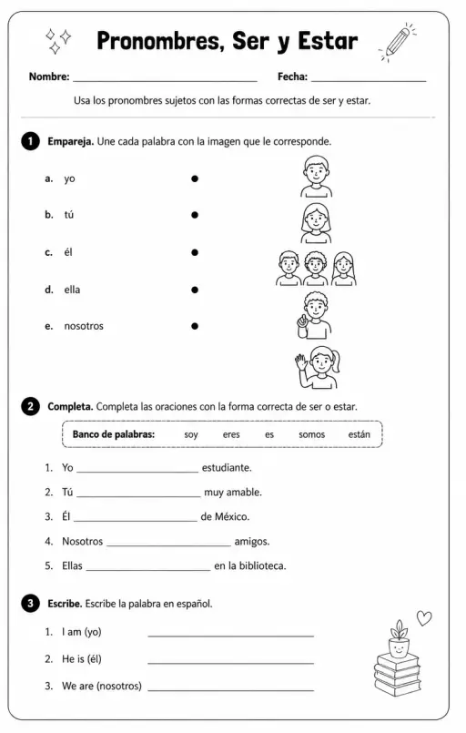 Usar pronombres sujetos con formas comunes de ser y estar.