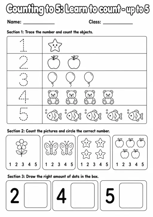 Pre-K Counting to 5 Math Worksheet Pack