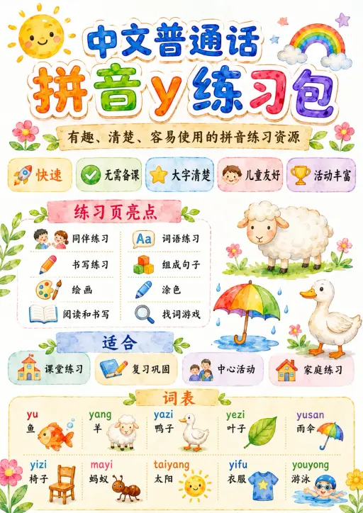 Chinese Pinyin Letter y Phonics Worksheets Pack