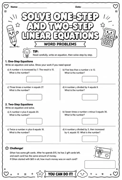 Solve one-step and two-step linear equations: word problems