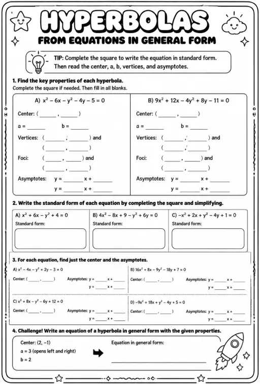 Find properties of hyperbolas from equations in general form