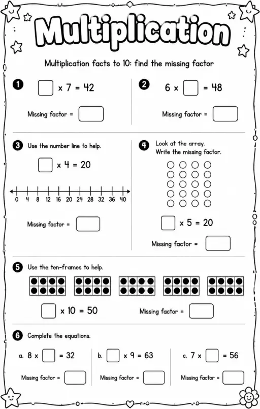 Multiplication facts to 10: find the missing factor