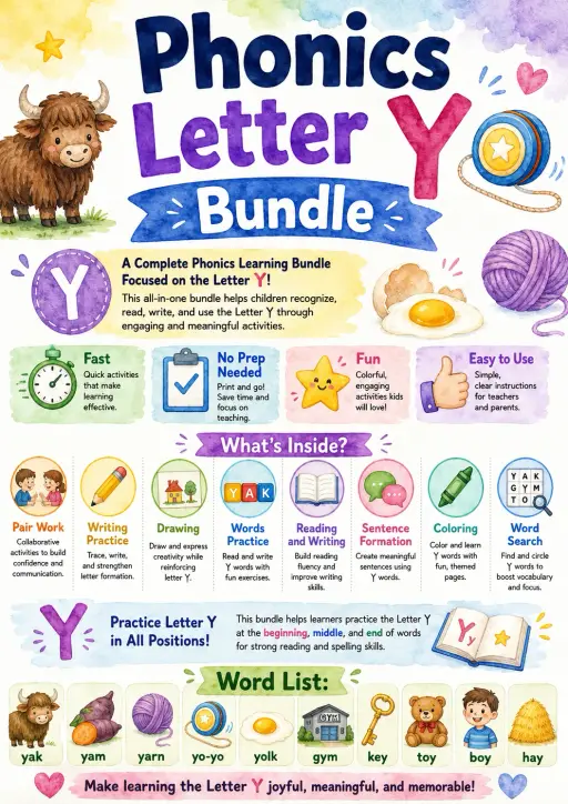 Letter Y Phonics Worksheets Pack