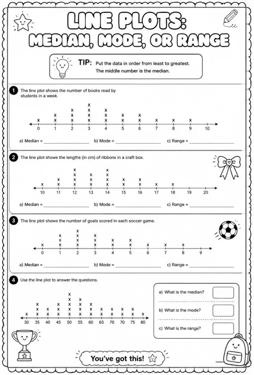 Interpret line plots to find the median, mode, or range