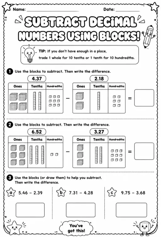 Subtract decimal numbers using blocks