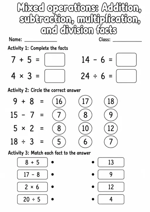 Grade 3 Mixed Operations Math Worksheet Pack