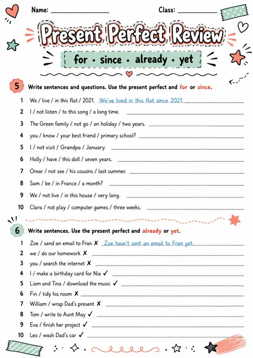 Present Perfect Review | Grades 5-6 Grammar Worksheet