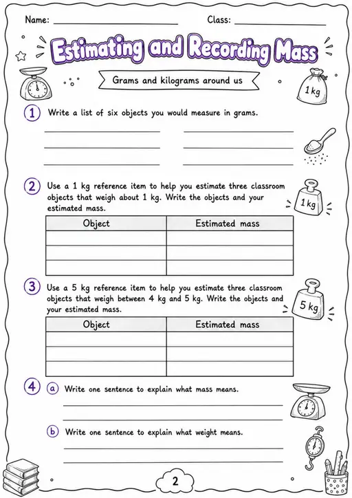 Estimating and Recording Mass - Grade 3 Math Worksheet - WKS-MAT-grade-3-XH-0166-EN