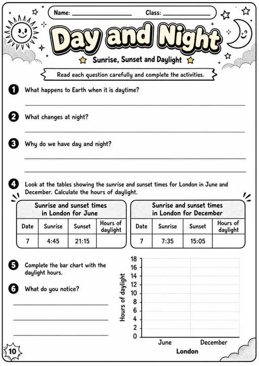 Day and Night - Grade 3 Science Worksheet