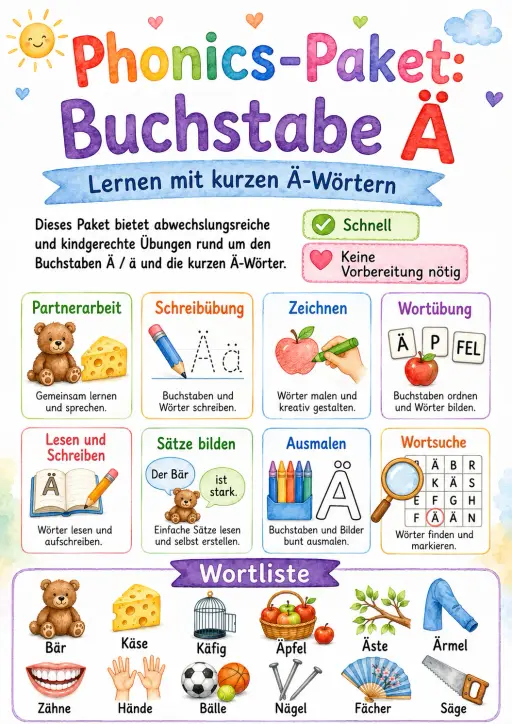 German Letter A Umlaut Phonics Worksheets Pack