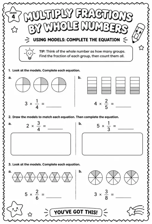 Multiply fractions by whole numbers using models: complete the equation