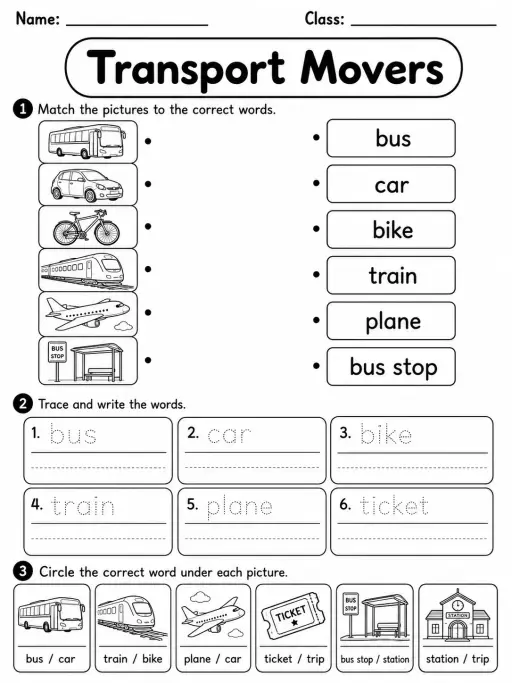 Transport Movers Vocabulary Worksheet Pack - Set 2