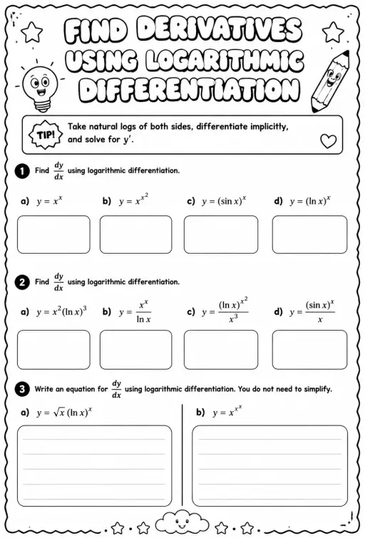 Find derivatives using logarithmic differentiation