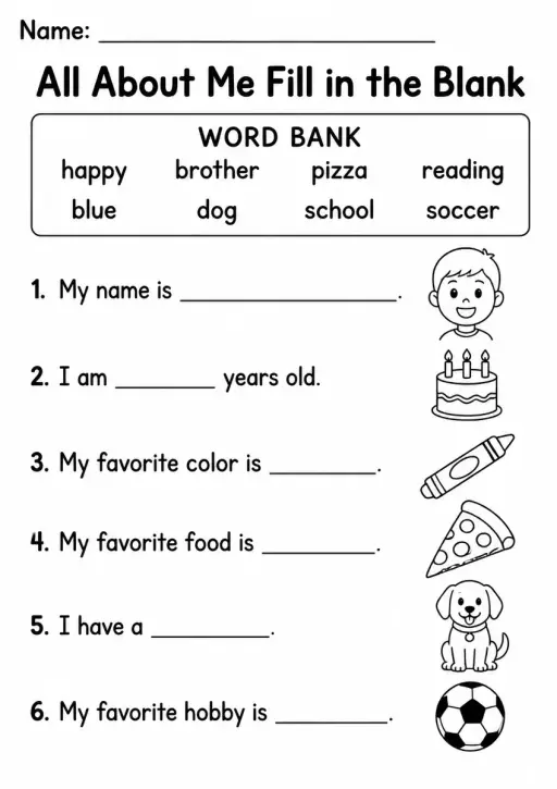 All About Me Fill in the Blank — Grade 2