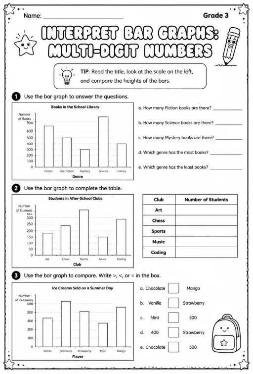 Interpret bar graphs: multi-digit numbers