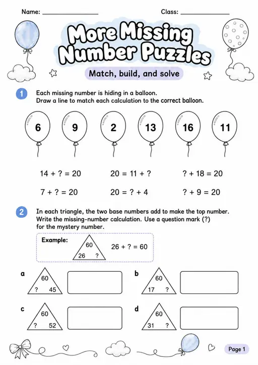 More Missing Number Puzzles - Grade 3 Math Worksheet - WKS-MAT-grade-3-XH-0056-EN