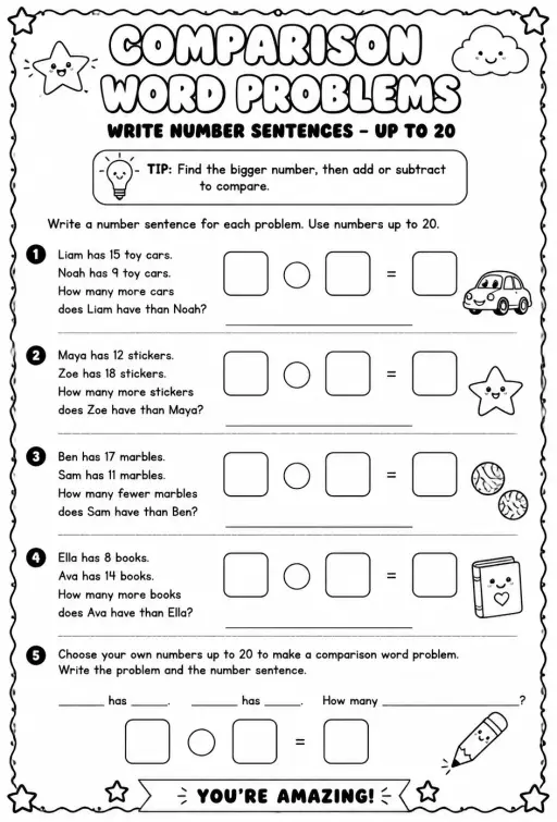 Write number sentences for comparison word problems - up to 20