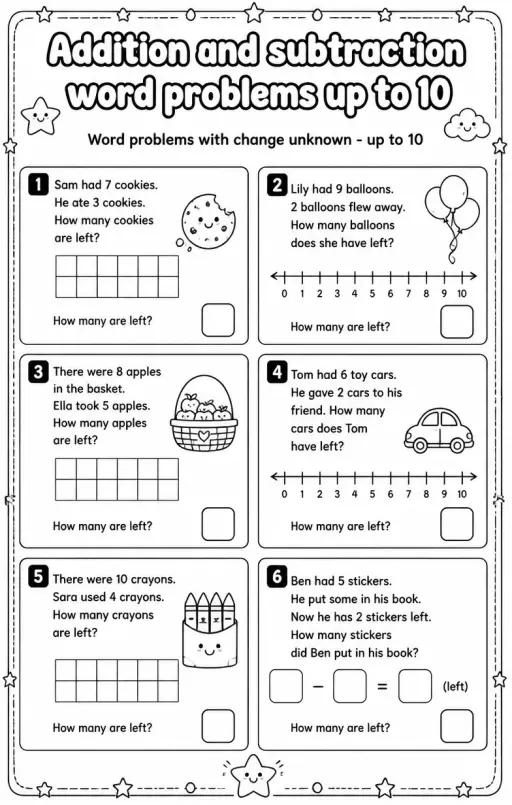 Word problems with change unknown - up to 10