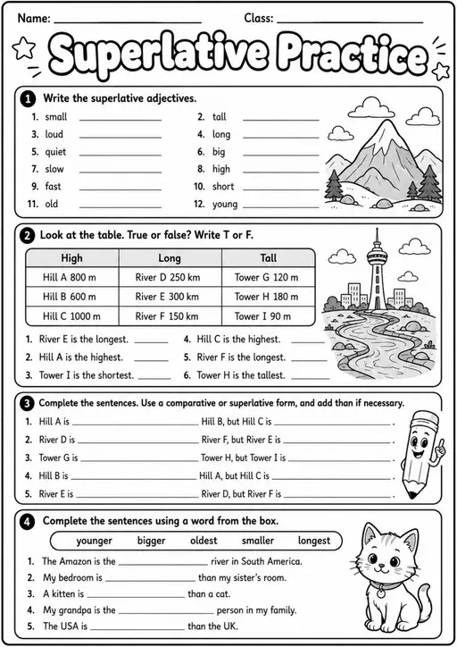 Superlative Practice | Grades 3-4 Grammar Worksheet