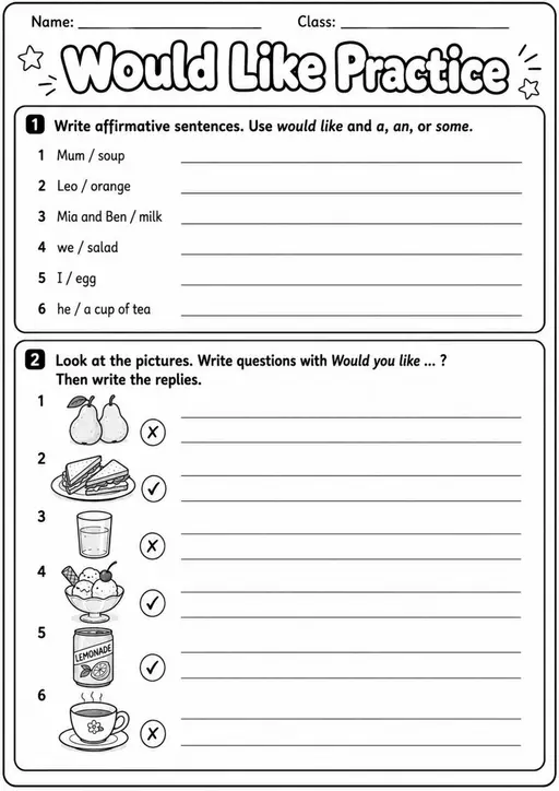 Would Like Practice | Grades 3-4 Grammar Worksheet