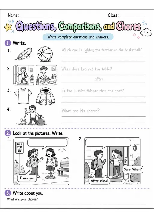 Questions, Comparisons, And Chores | Grade 2 English Language Arts Worksheet