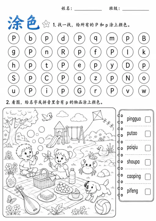 Chinese Pinyin Letter p Phonics Worksheets Pack