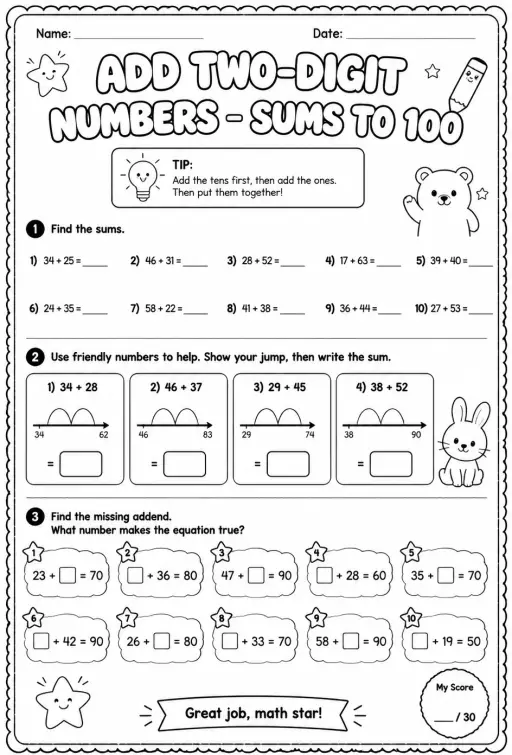 Add two-digit numbers - sums to 100
