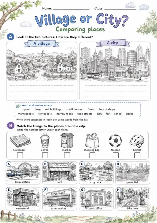Cambridge MOVERS - Village or City? | Free Worksheet