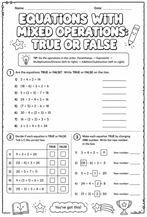Equations with mixed operations: true or false