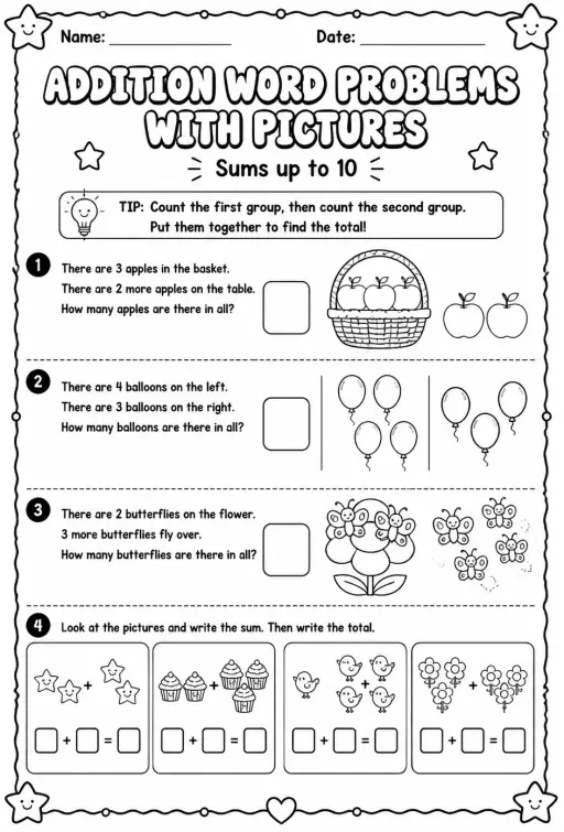 Addition word problems with pictures - sums up to 10